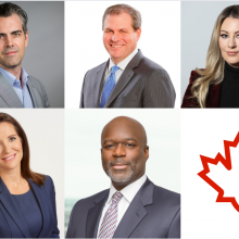 Participants of the Annual Outlook Picture of Kevin Carmichael (Financial Post), Amanda Lang (Bell Media), Dennis Mitchell (Starlight Capital), & Jean-François Perrault (Scotiabank) with Sabrina Maddeaux (National Post)