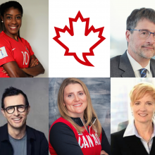 Ashley Lawrence (Paris Saint-Germain), Stephen Liptrap (LifeWorks), Calvin McDonald (Lululemon) & Hayley Wickenheiser (Maple Leafs), with Kathy Woods (Deloitte)
