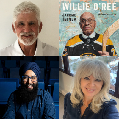 Rick Vaive (Toronto Maple Leafs), Willie O'Ree (Boston Bruins), Harnarayan Singh (Hockey Night in Canada Punjabi), and Kirstie McLellan Day (Bestselling Hockey Author)